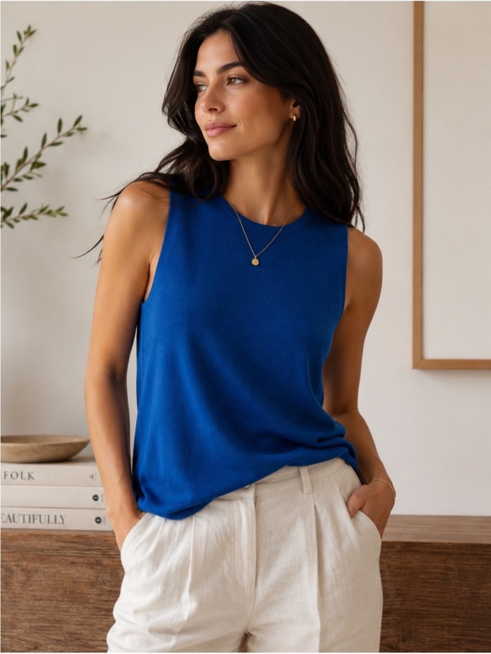 Eileen Fisher Superfine Merino Wool Womens M Blue Sleeveless Knit Tank Sweater